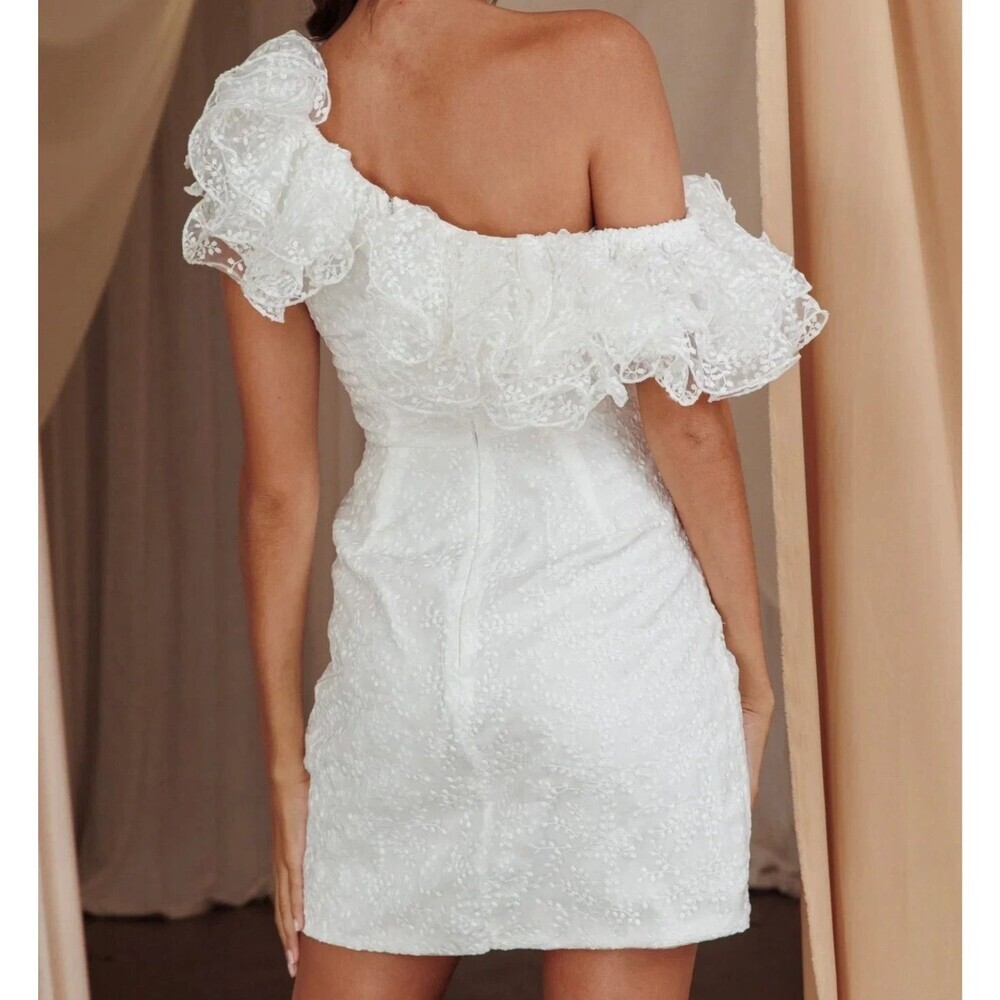 NWT Lulus Angelic Trend White Embroidered Ruffled One Shoulder Mini Dress Small - Picture 2 of 10